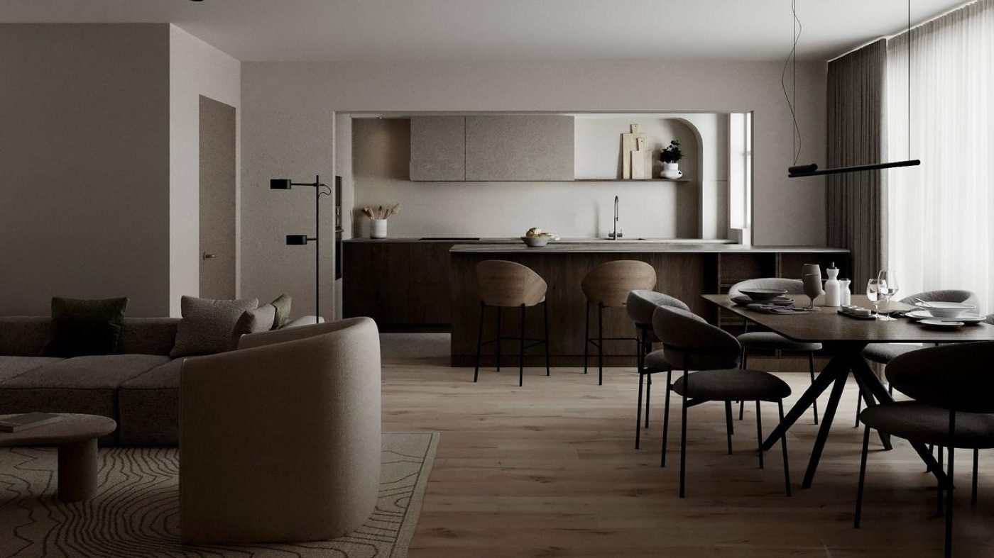 Living and dining area in a warm minimalist palette