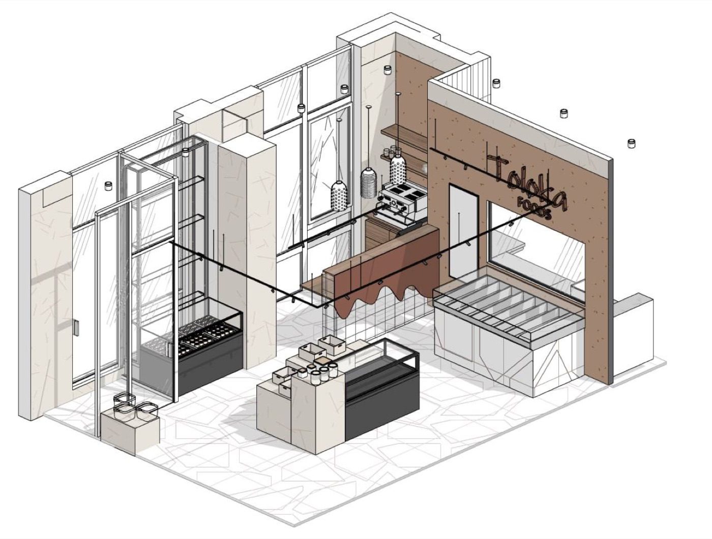 Isometric BIM drawing of a bakery interior